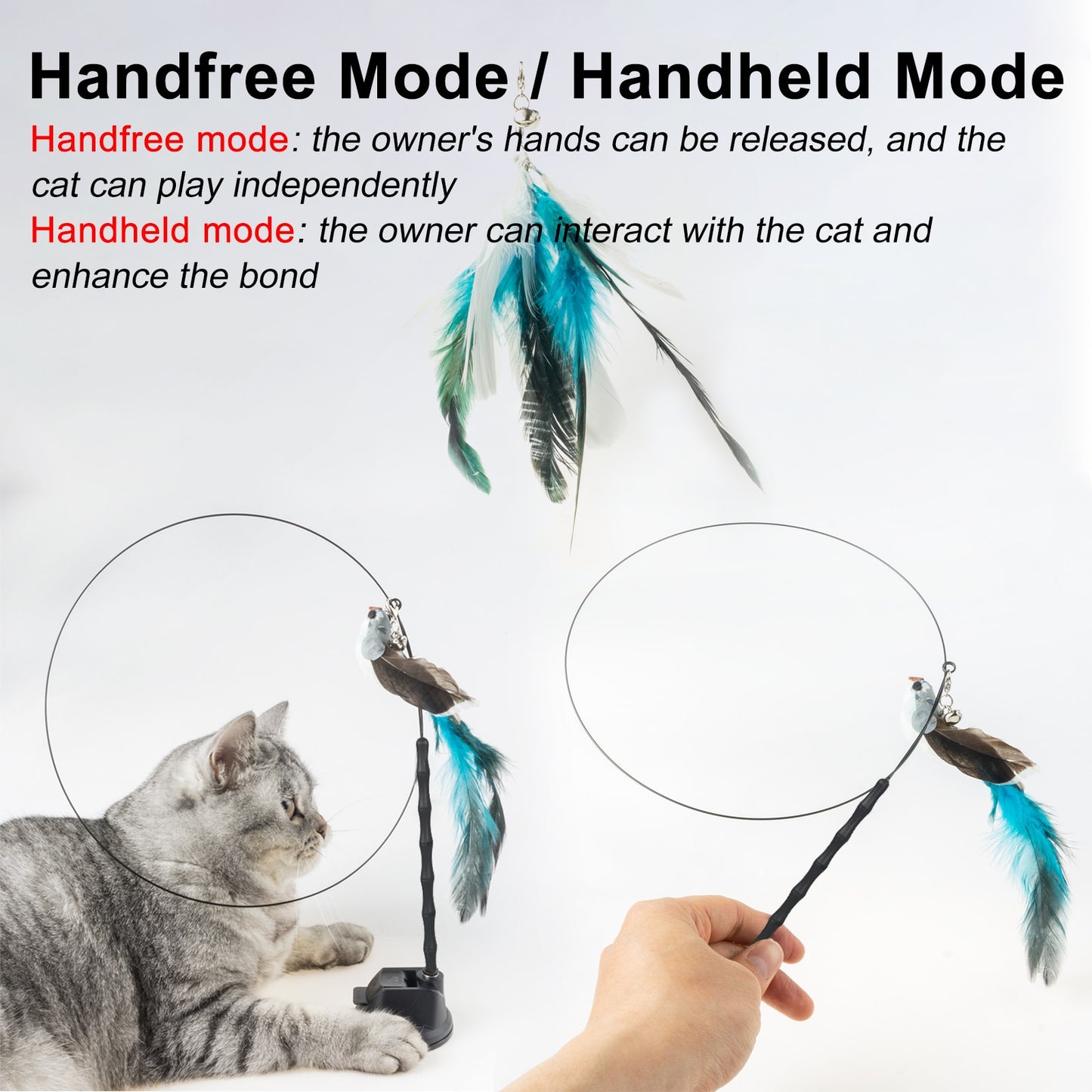 Hands-Free Bird/Feather Cat Wand with Bell: Powerful Suction Cup Interactive Toys for Cats and Kittens - Promote Hunting Instincts and Provide Exercise
