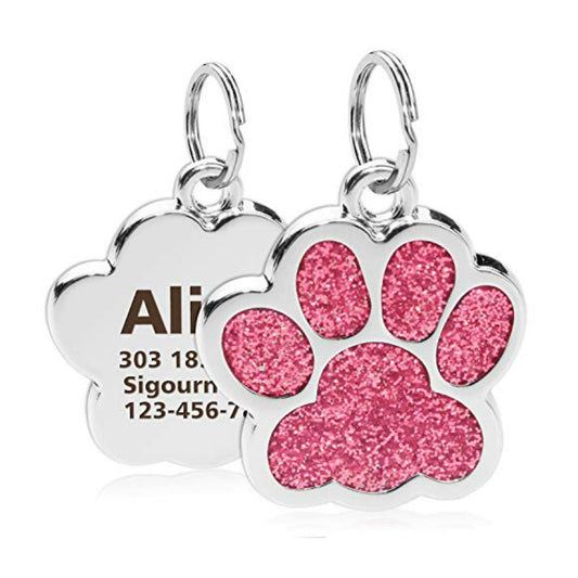Custom Engraved Pet ID Tags: Personalized Dog and Cat Collar Tags with Glitter Paw Design - Stylish and Essential Pet Accessories