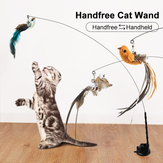 Hands-Free Bird/Feather Cat Wand with Bell: Powerful Suction Cup Interactive Toys for Cats and Kittens - Promote Hunting Instincts and Provide Exercise